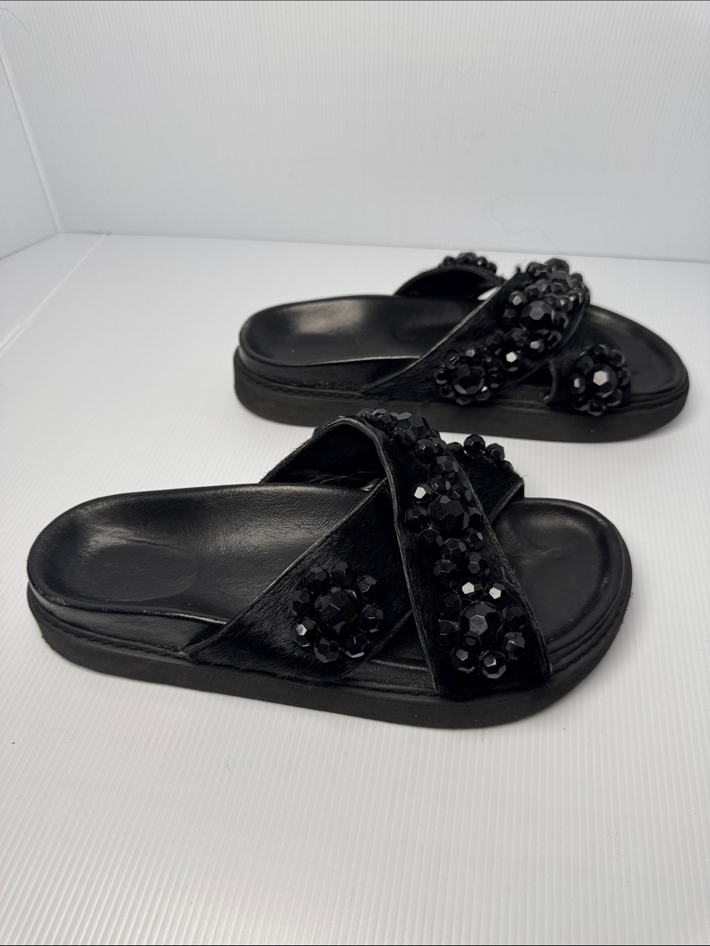 SIMONE ROCHA Black Leather Calf Hair Embellished Slide Sandals Small Flaw 40